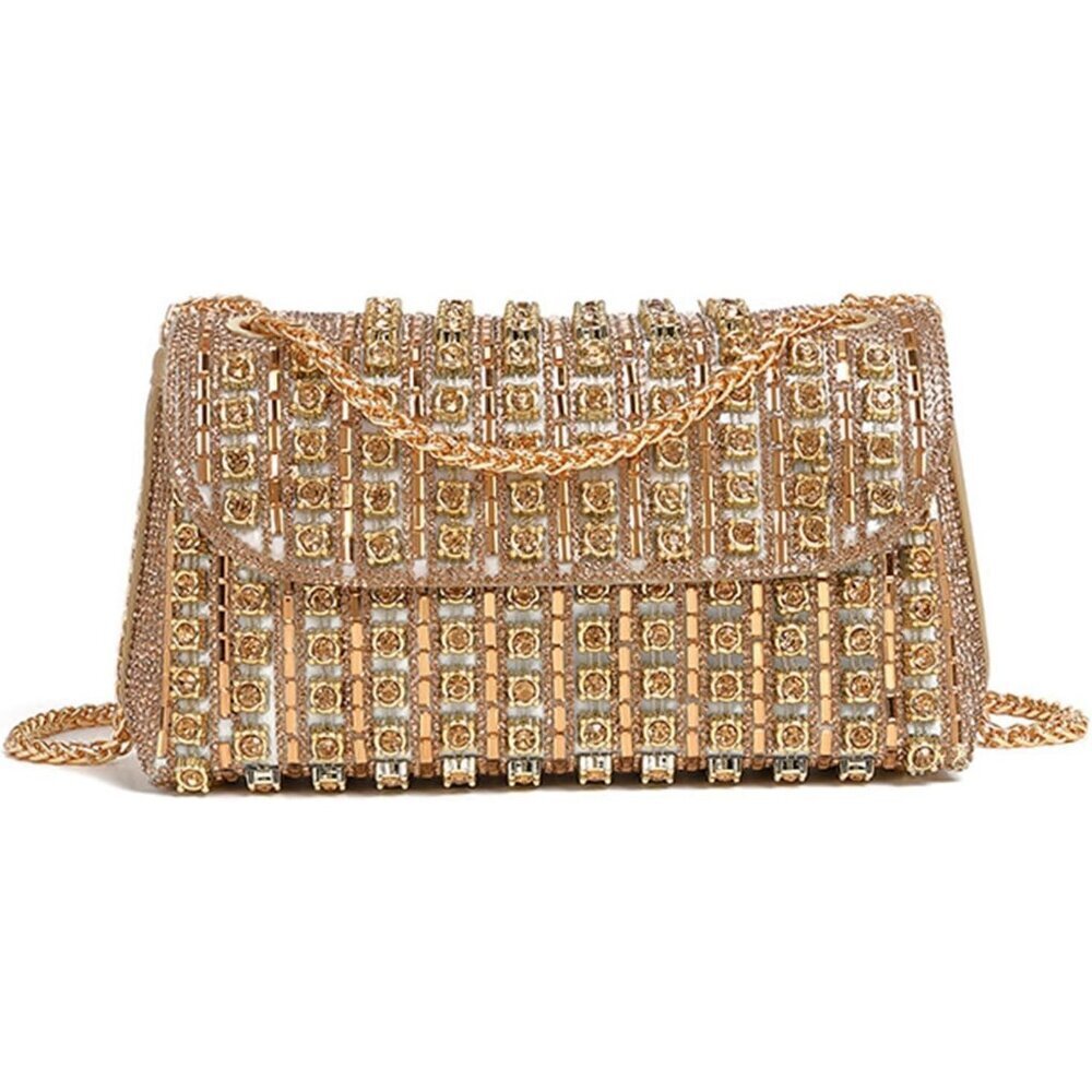 Women's Gold Rhinestones Chain Shoulder Sparkly Cocktail Prom Party Clutch Bag